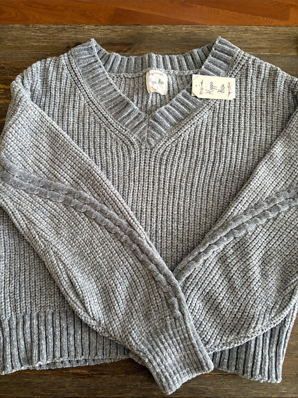 Hippie Rose Heather Gray V-Neck Cable-Trim Sweater